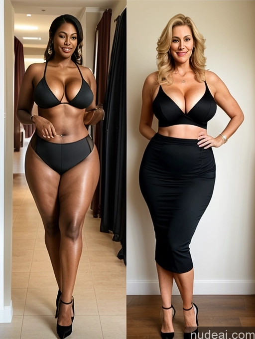 ai nude image of two women in black swimsuits and high waisted skirts posing for a picture pics of Tall Long Legs Big Ass Chubby Big Hips Thick Abs Busty High Heels Two 70s