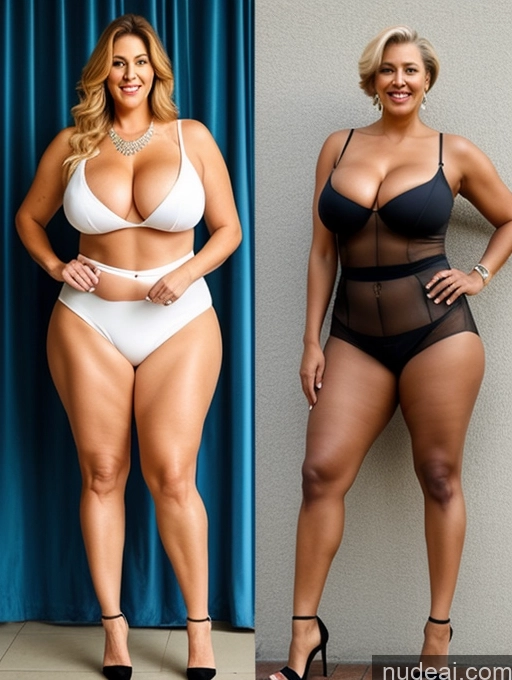 ai nude image of two women in lingersuits posing for a picture in front of a curtain pics of Tall Long Legs Big Ass Chubby Big Hips Thick Abs Busty High Heels Two 70s