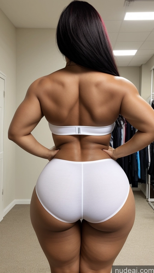 ai nude image of araffe woman in white panties showing off her butt pics of Huge Boobs Lipstick Big Ass Abs Chubby Fairer Skin Black Hair Long Hair Indian Back View Changing Room Muscular Cosplay