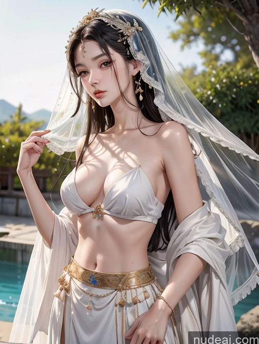 ai nude image of araffe woman in a white dress and veil posing by a pool pics of Model One Perfect Boobs Skinny 18 Black Hair Japanese Straight China Goddess Fashion