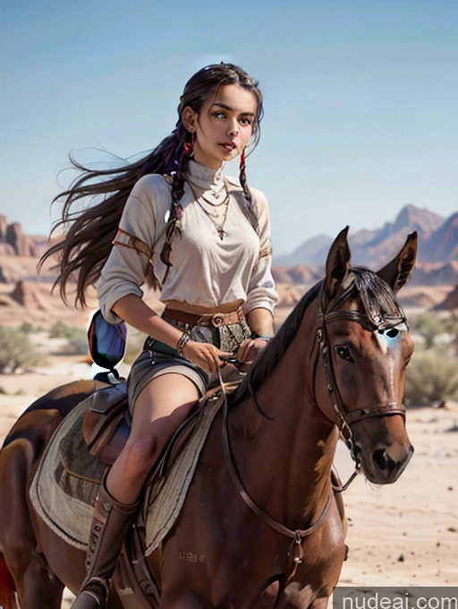 ai nude image of woman riding a horse in the desert with mountains in the background pics of Equitation Tribal Jewelry Western Desert Native American Braided Black Hair Tanned Skin Skinny