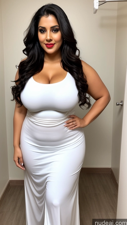 ai nude image of a woman in a white dress posing for a picture pics of Lipstick Black Hair Indian Long Hair Busty Abs Big Ass Chubby Fairer Skin Perfect Boobs Big Hips Changing Room Salwar