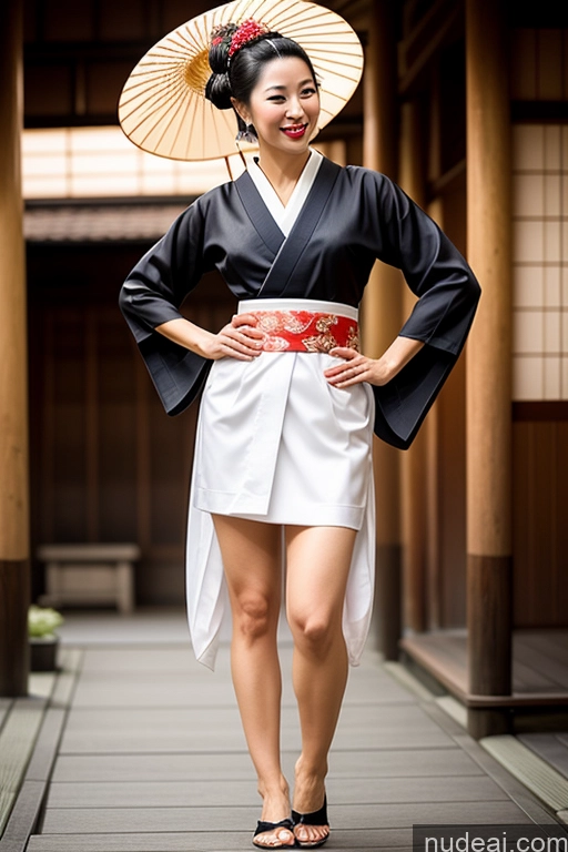 ai nude image of araffe woman in a kimono with a parasol and a red sash pics of Short Skinny Black Hair Hair Bun Japanese Onsen Geisha Casual Lipstick Abs Fairer Skin 60s Happy Small Tits