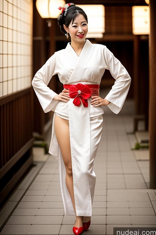 ai nude image of araffe woman in a white kimono with red bow and red shoes pics of Short Skinny Black Hair Hair Bun Japanese Onsen Geisha Lipstick Abs Fairer Skin Happy Busty 40s