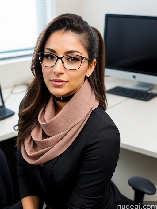 ai nude image of there is a woman sitting at a desk with a laptop and a monitor pics of 30s Woman Big Ass Glasses Beautiful Small Tits Sexy Face Seductive Brunette Ponytail Persian Skin Detail (beta) Office Side View On Back Choker Yoga Pants Scarf Stylish Suit Detailed