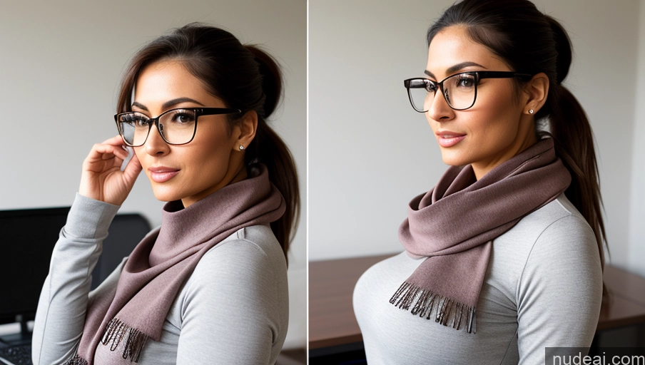 ai nude image of there is a woman wearing glasses and a scarf talking on the phone pics of 30s Woman Big Ass Glasses Beautiful Small Tits Sexy Face Seductive Brunette Ponytail Persian Skin Detail (beta) Office Side View Yoga Pants Scarf Stylish Suit Detailed