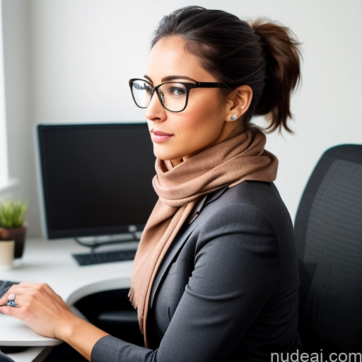 ai nude image of woman in glasses sitting at a desk with a laptop and a computer pics of 30s Woman Big Ass Glasses Beautiful Small Tits Sexy Face Seductive Brunette Ponytail Skin Detail (beta) Office Side View Yoga Pants Scarf Stylish Suit Detailed