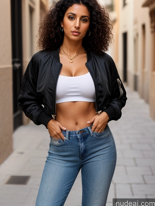 ai nude image of arafed woman in a white top and jeans posing for a picture pics of Woman Perfect Boobs Tanned Skin 20s Black Hair Arabic Front View Serious Curly Hair Jeans Pearl Jewelry Street Bomber Shirt