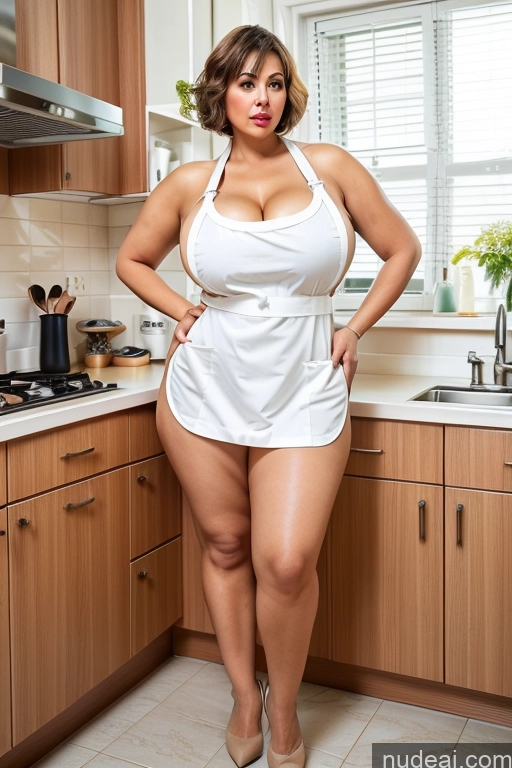 Milf Busty Huge Boobs Big Ass Thick Chubby Big Hips Short Hair 60s Kitchen Front View Kitchen Apron - Naked & Not Naked Pouting Lips Serious