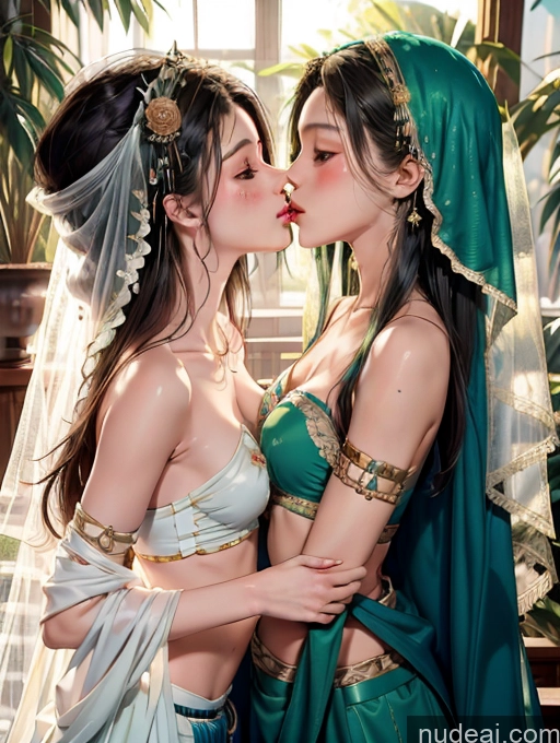 ai nude image of two women in costumes kissing each other in a room pics of Model Beautiful Skinny 18 Green Hair Long Hair Japanese China Goddess Fashion Two Kisses