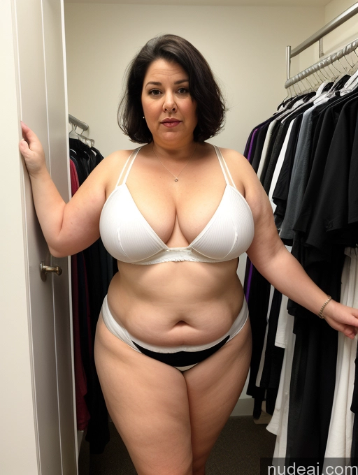 ai nude image of araffe woman in a white bra top standing in a closet pics of Milf Small Tits Big Ass Big Hips Fat Fairer Skin Pubic Hair Short 70s Serious Shocked Bobcut French Changing Room Black Hair Waitress