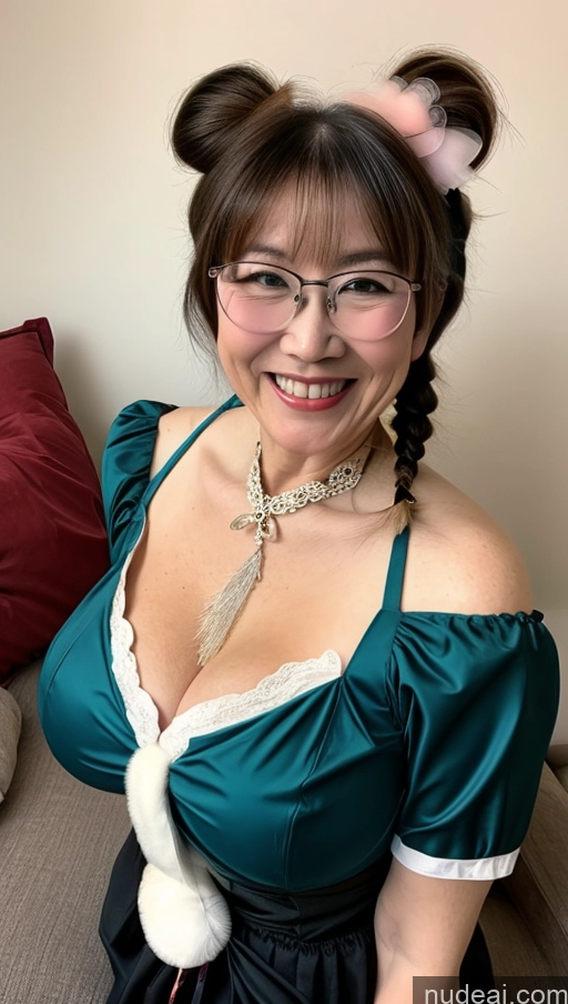 ai nude image of there is a woman wearing a green dress and a cat ear pics of Milf One Busty Perfect Boobs Big Ass Big Hips Pubic Hair Fairer Skin Black Hair Glasses 60s Bows Pigtails Happy Asian Miss Hina: Genshin Impact Cosplayers