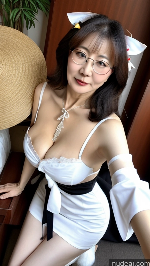 ai nude image of araffe asian woman in a white dress and glasses posing for a picture pics of Milf One Busty Perfect Boobs Big Ass Big Hips Pubic Hair Fairer Skin Black Hair Glasses Bows 60s Miss Hina: Genshin Impact Cosplayers Korean