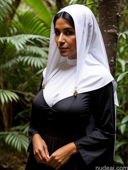 ai nude image of nun in black dress with white veil and gold necklace standing in forest pics of Woman One 60s Seductive Black Hair Straight Front View Detailed Traditional Jungle Perfect Boobs Arabic Dark Lighting Skinny Perfect Body Busty Dark Skin Nun