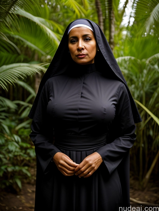 ai nude image of nun in black robe standing in a forest with palm trees pics of Woman One 60s Seductive Black Hair Straight Front View Detailed Traditional Jungle Perfect Boobs Arabic Dark Lighting Skinny Perfect Body Busty Dark Skin Nun