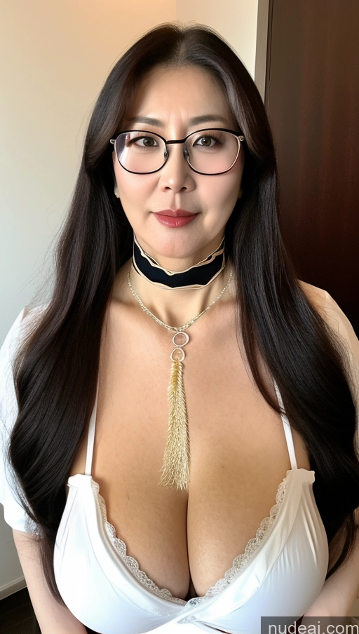 ai nude image of araffed woman with glasses and a choke with a tassel pics of Milf One Busty Perfect Boobs Big Ass Big Hips Pubic Hair Fairer Skin Black Hair Choker Glasses Korean 50s Miss Hina: Genshin Impact Cosplayers