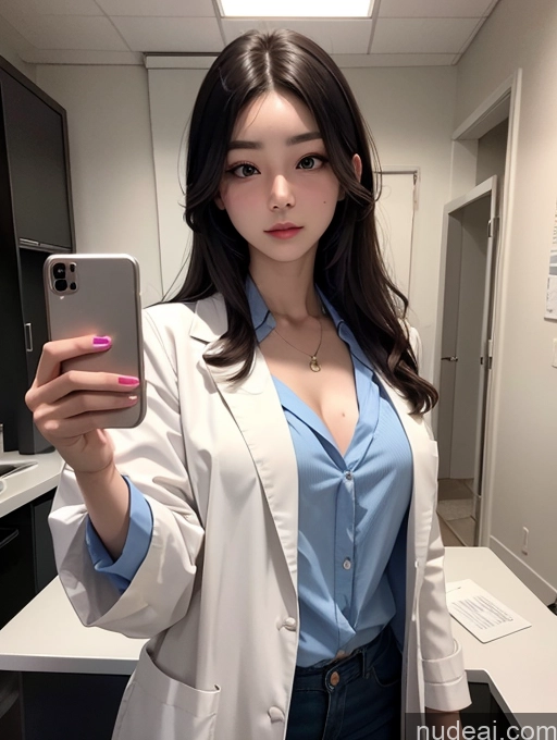 ai nude image of araffe woman in a lab coat taking a selfie in a mirror pics of Korean Perfect Boobs Lab Coat Mirror Selfie