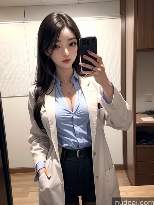 ai nude image of woman taking a selfie in a mirror in a white coat pics of Korean Perfect Boobs Lab Coat Mirror Selfie