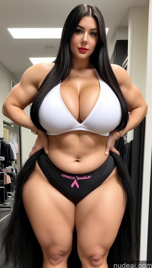 ai nude image of arafed woman in a white bra top and black panties posing for a picture pics of Long Hair Huge Boobs Lipstick Muscular Big Ass Abs Chubby Big Hips Fairer Skin Black Hair Cosplay