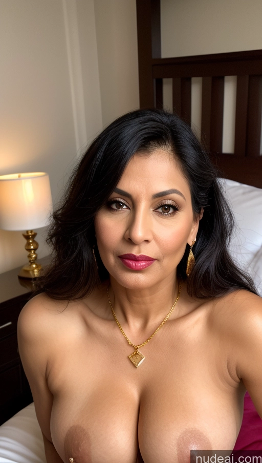 ai nude image of arafed woman with big breast sitting on a bed with a lamp pics of Milf Busty Perfect Boobs Beautiful Lipstick Perfect Body Fairer Skin 50s Shocked Seductive Pouting Lips Black Hair Straight Indian Bedroom Front View Nude Jewelry Gold Jewelry Bright Lighting Detailed