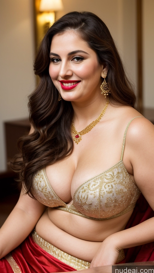 ai nude image of araffed woman in a red sari posing for a picture pics of Milf Busty Beautiful Lipstick Chubby Thick Big Hips Fairer Skin 20s Happy Seductive Brunette Long Hair Russian Front View Spreading Legs Sari Cleavage Gold Jewelry Party Fat