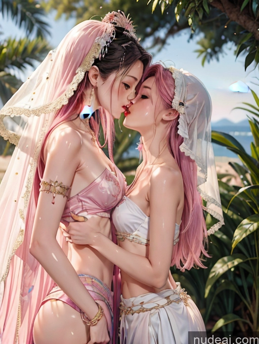 ai nude image of two women in costumes are kissing each other in a garden pics of Model Beautiful Skinny 18 Long Hair Japanese Pink Hair Kisses Two China Goddess Fashion