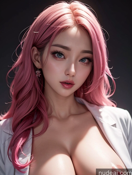 ai nude image of a close up of a woman with pink hair and a jacket pics of Korean Perfect Boobs Lab Coat Ahegao