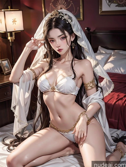 ai nude image of araffe woman in a white bikini and veil sitting on a bed pics of Model Skinny Beautiful 18 Black Hair Long Hair Japanese Two China Goddess Fashion Bedroom Female Masturbation