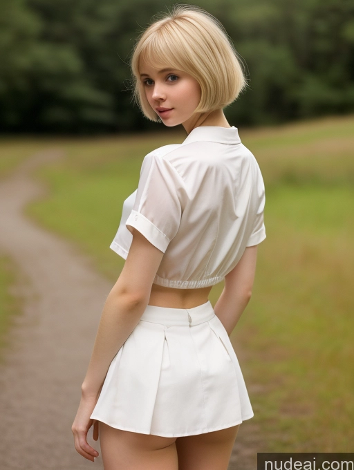 ai nude image of blond woman in white dress posing on dirt path in open field pics of Woman Small Tits Beautiful Small Ass Skinny Fairer Skin 18 Blonde Short Hair Russian Microskirt Blouse