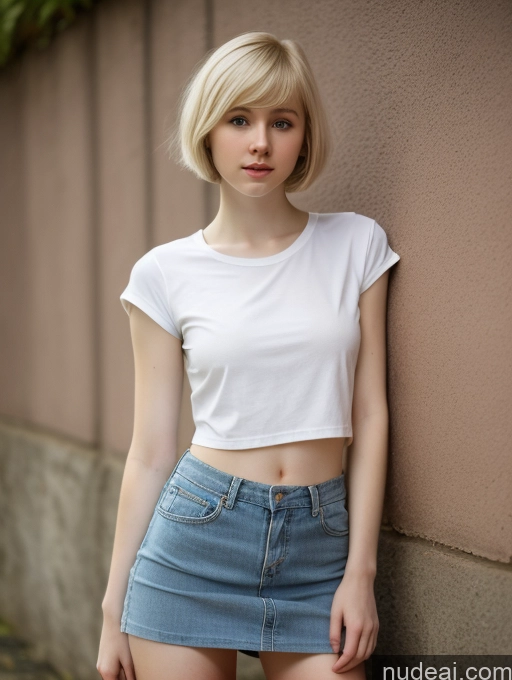 ai nude image of blond woman in white shirt and denim skirt leaning against wall pics of Woman Small Tits Beautiful Small Ass Skinny Fairer Skin 18 Blonde Short Hair Russian Microskirt Shirt