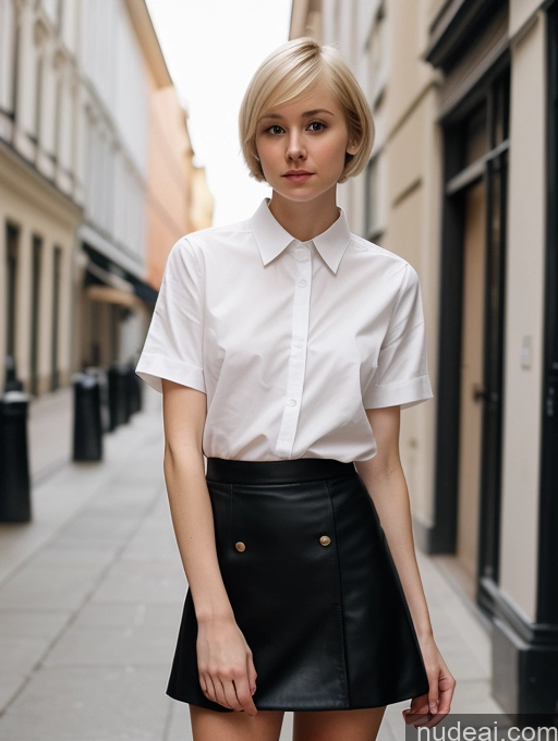 ai nude image of blond woman in a white shirt and black skirt posing for a picture pics of Woman Small Tits Beautiful Small Ass Skinny Fairer Skin 18 Blonde Short Hair Russian Front View Street Micro Skirt Shirt