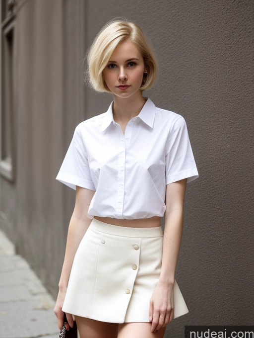 ai nude image of blond woman in white shirt and skirt posing for a picture pics of Woman Small Tits Beautiful Small Ass Skinny Fairer Skin 18 Blonde Short Hair Russian Front View Street Micro Skirt Shirt