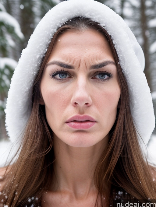 ai nude image of arafed woman in a white hat and snow on her face pics of Miss Universe Model Beautiful Muscular Long Legs Tall Perfect Body Fairer Skin Sad Serious Seductive Sexy Face Long Hair Czech Snow Front View Film Photo Angry