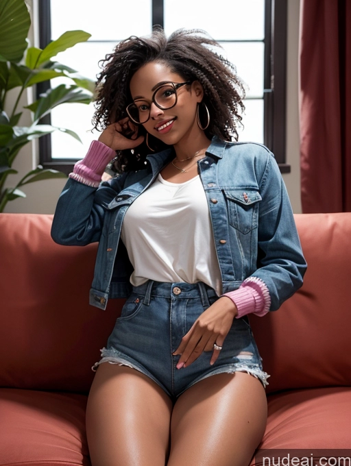 ai nude image of there is a woman sitting on a couch with a pair of glasses on pics of Woman One Small Tits Beautiful Glasses Big Ass Thick Dark Skin 20s Laughing Black Hair Curly Hair Couch High Socks Jacket Detailed