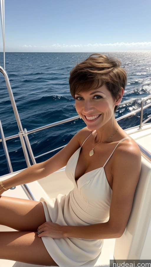 ai nude image of woman in white dress sitting on a boat in the ocean pics of Long Legs Front View Model Short Happy Pixie Skinny Cleavage 40s French Brunette One Sundress Yacht