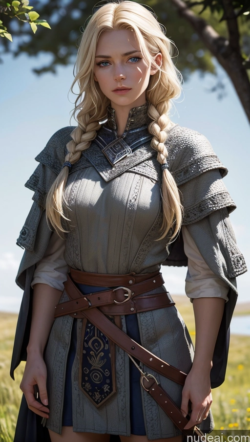 ai nude image of blond woman in a gray dress with a sword and a brown belt pics of Muscular Skinny Fairer Skin Serious Blonde Braided Scandinavian Viking Fantasy Armor Dark Fantasy Meadow