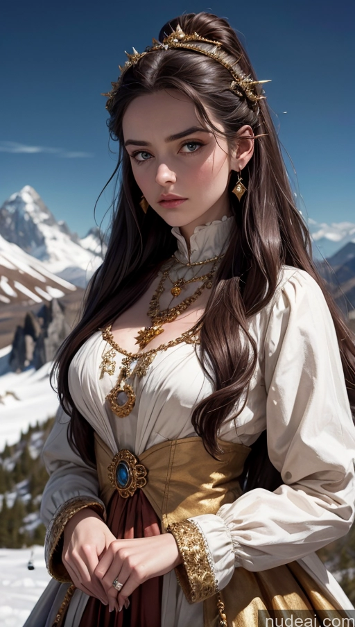 ai nude image of arafed woman in a dress with a gold and white dress pics of Serious Dark Fantasy Woman Mountains Victorian Fur Ginger Medieval Gold Jewelry Dress