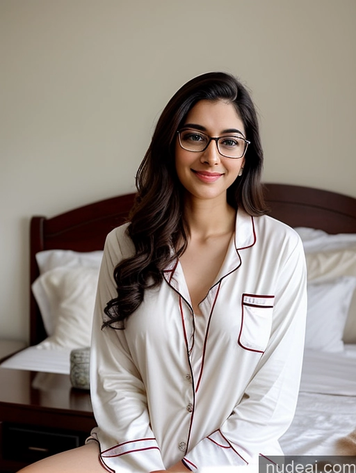 ai nude image of woman sitting on a bed in a white shirt and glasses pics of Perfect Boobs 20s Indian Pajamas Fairer Skin Glasses