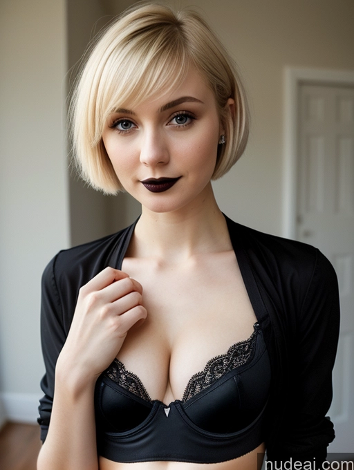 ai nude image of blond woman with black lips and black bralet posing for a picture pics of Woman Small Tits Beautiful Skinny Small Ass Fairer Skin 18 Blonde Short Hair Russian Front View Goth Push-up Bra Thong