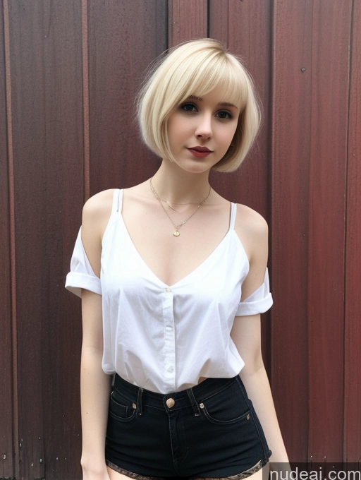 ai nude image of blond woman with short hair wearing a white shirt and black shorts pics of Woman Small Tits Beautiful Skinny Small Ass Fairer Skin 18 Blonde Short Hair Russian Front View Goth Short Shorts Shirt