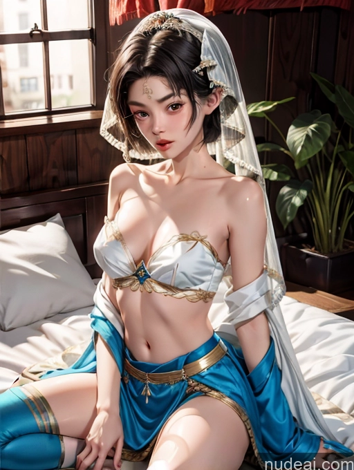 ai nude image of araffed woman in a blue and white costume sitting on a bed pics of Model One Beautiful Skinny Black Hair Pixie Japanese 18 China Goddess Fashion Kisses Bedroom