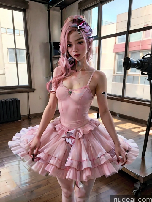 ai nude image of araffe dressed in a pink dress and a bow tie pics of Model One Beautiful Skinny 18 Pink Hair Long Hair Japanese Ballet Dance Dress