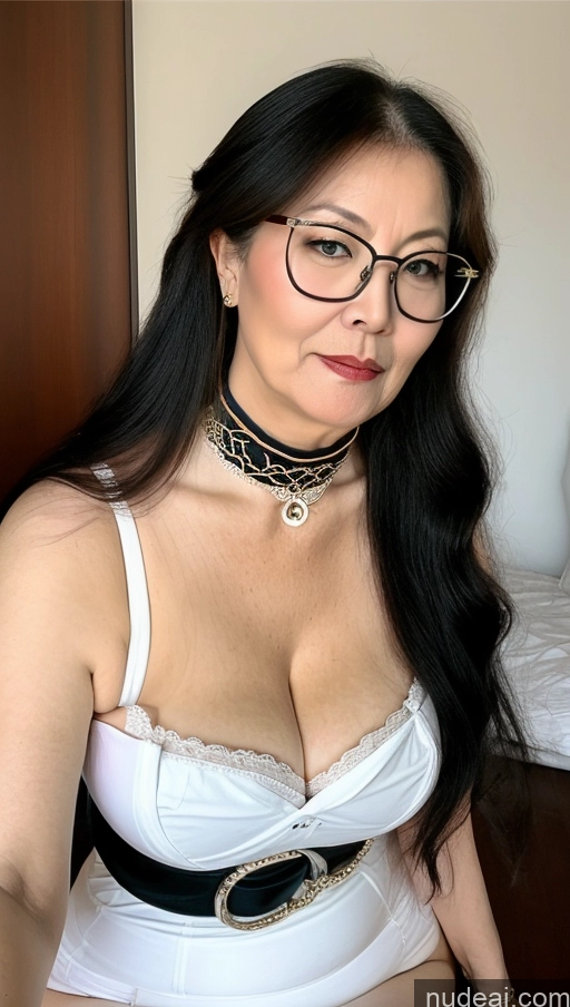 ai nude image of there is a woman wearing glasses and a bra top posing for a picture pics of Milf One Busty Perfect Boobs Beautiful Big Ass Big Hips Pubic Hair Fairer Skin Black Hair Asian Miss Hina: Genshin Impact Cosplayers Glasses 70s Choker