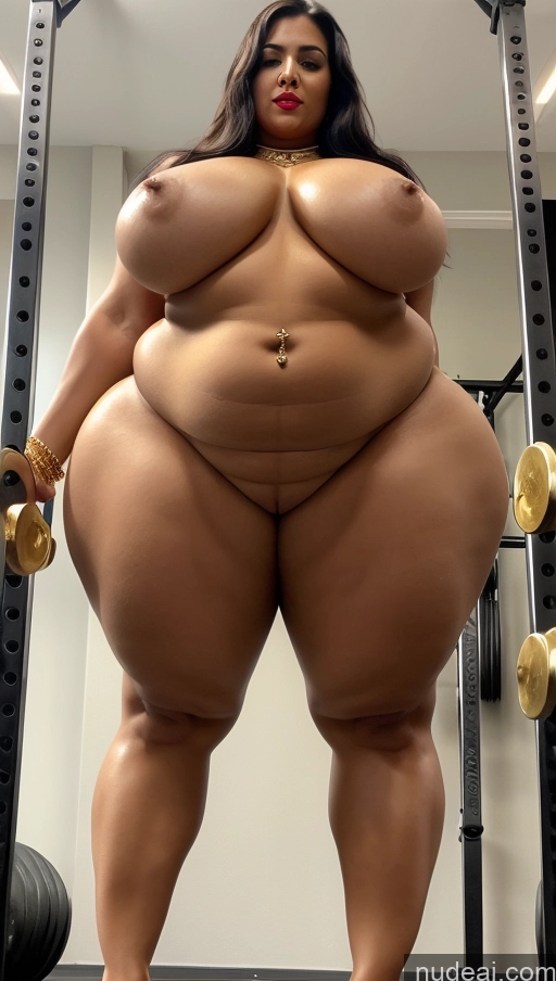 ai nude image of araffe woman with big breasts in a gym with a barbell pics of Huge Boobs Big Ass Lipstick Abs Chubby Fairer Skin Black Hair Long Hair Indian Gold Jewelry Muscular Working Out