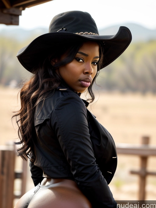 ai nude image of there is a woman in a black hat riding a horse pics of Woman One Busty Huge Boobs Big Ass Thick Chubby Big Hips Long Hair Dark Skin Serious Pouting Lips Brunette African Front View Hat Trench Coat Western Partially Nude Dark_Fantasy_Style Equitation Licking Oral