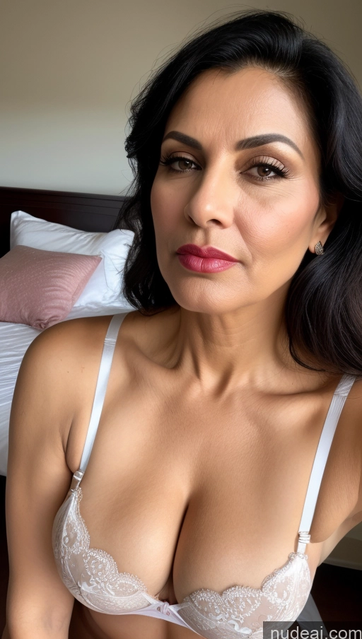 ai nude image of araffed woman in a white bra and pink lipstick sitting on a bed pics of Milf Busty Perfect Boobs Lipstick Beautiful Perfect Body Fairer Skin 50s Sexy Face Seductive Pouting Lips Black Hair Straight Indian Bedroom Front View Bra Thong Detailed Bright Lighting