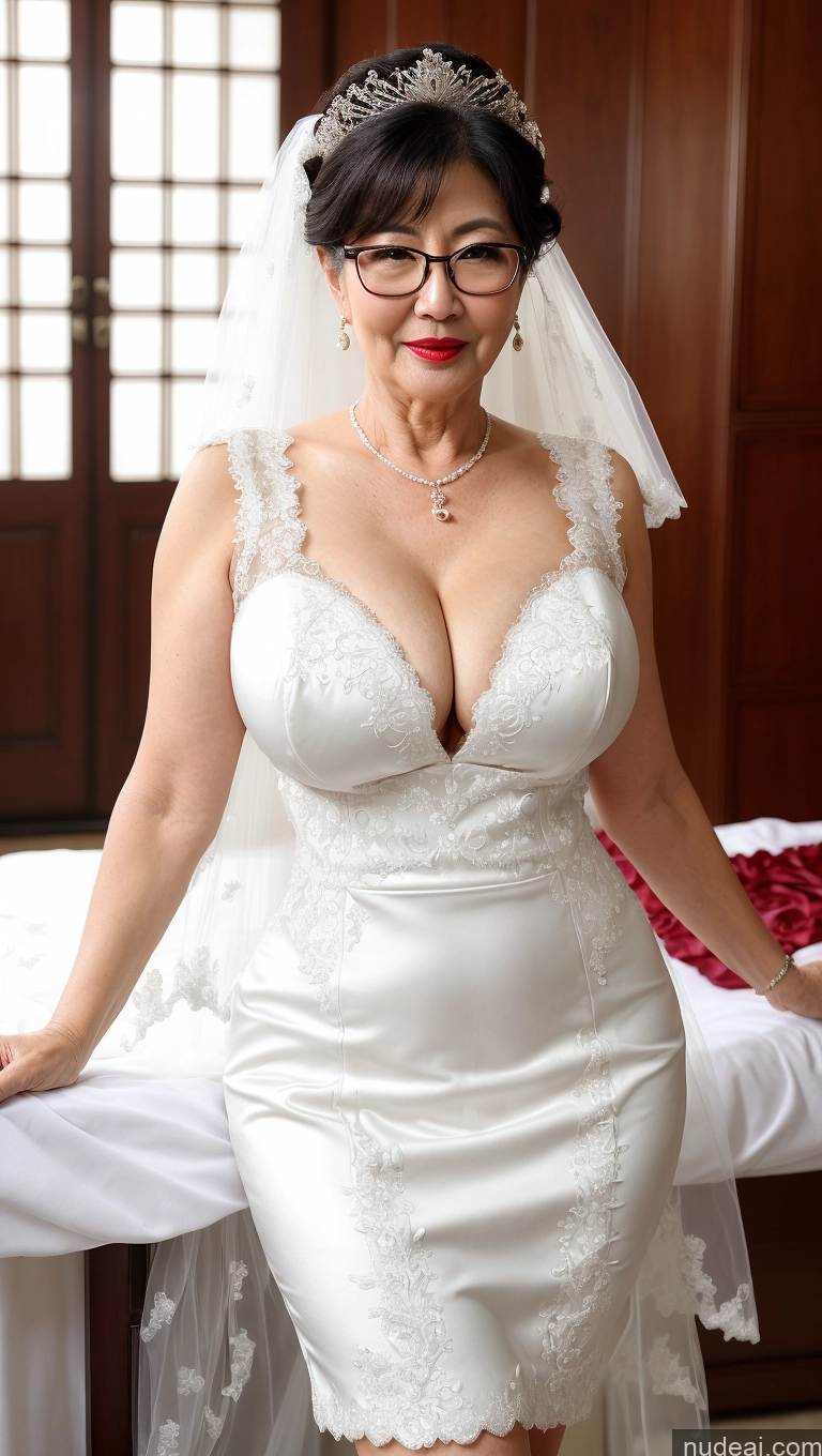 ai nude image of arafed woman in a wedding dress posing for a picture pics of Milf One Busty Perfect Boobs Big Ass Big Hips Beautiful Pubic Hair Fairer Skin Black Hair 60s Wedding Glasses Lipstick Korean