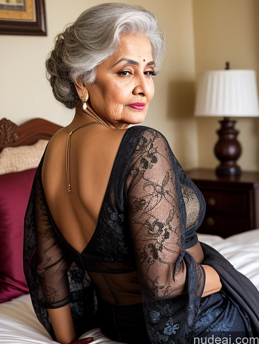 ai nude image of there is a woman sitting on a bed with a black dress pics of Woman Thick Big Ass Pouting Lips Black Hair Indian Sari Detailed Bedroom One Spreading Legs 80s