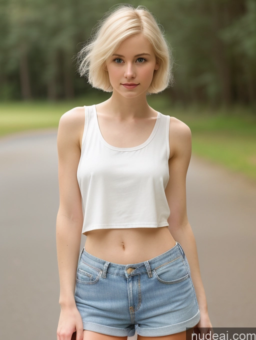 ai nude image of blond woman in white tank top and denim shorts posing for a picture pics of Woman One Small Tits Beautiful Skinny Small Ass Fairer Skin 18 Blonde Pixie Russian Front View Tank Top Daisy Dukes