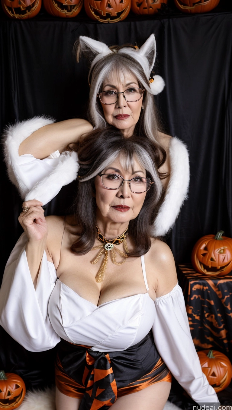 ai nude image of there are two women dressed up in costumes posing for a picture pics of Milf One Busty Perfect Boobs Big Ass Big Hips Beautiful Pubic Hair Fairer Skin Black Hair Glasses Asian 60s Halloween Miss Hina: Genshin Impact Cosplayers